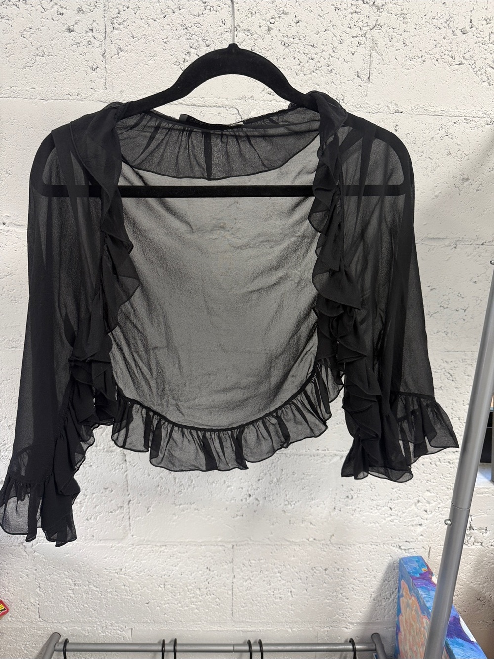 TERI JOHN Size 10 LIKE NEW Sheer Black Ruffle Bolero Shrug Cropped
